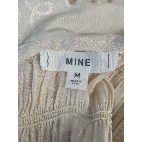 Mine Women’s Blouse Medium Beige Smocked Puff Sleeve Peplum Top Eyelet Peter Pan - Picture 3 of 6